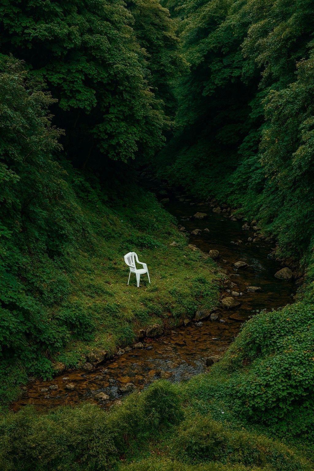 a chair by a stream in a forrest